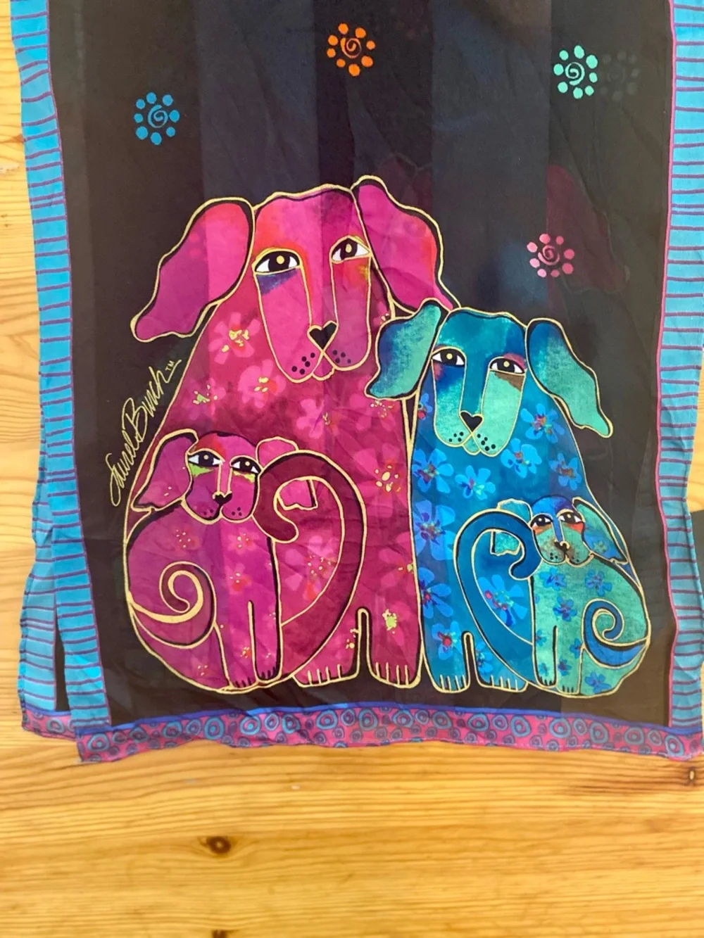 Laurel Burch Blossoming Pups Impressionist Magical Folk Art Silk Scarf